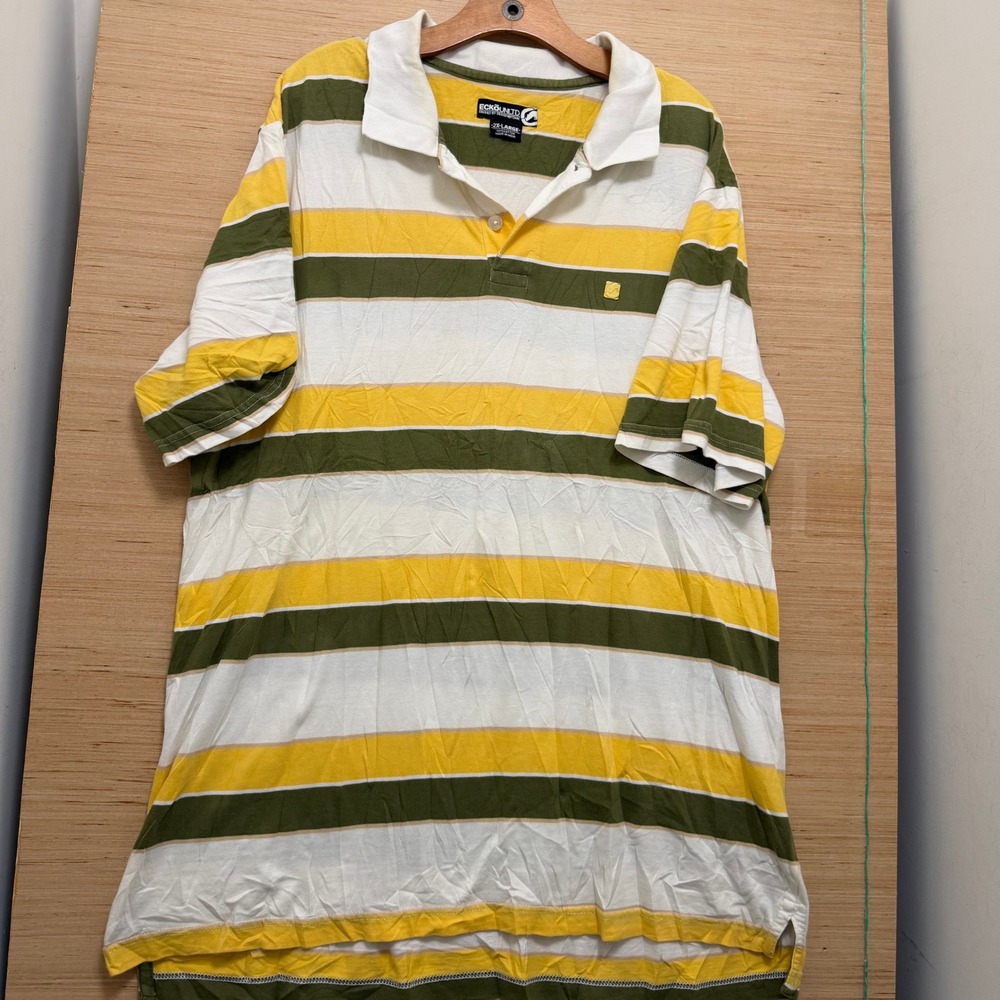 Ecko Unltd Mens 2XL Striped Polo Shirt Green Yellow White Short Sleeve Cotton
